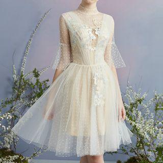 Dotted Mesh Elbow Sleeve Cocktail Dress