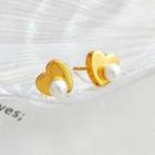 Faux Pearl Heart Stud Earring 1 Pair - S925 Silver Needle - Gold - One Size