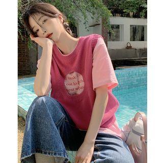 Short-sleeve Lettering T-shirt / Cutout Sweater Vest