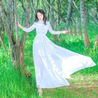 3/4-sleeve Chiffon Maxi Shirt Dress