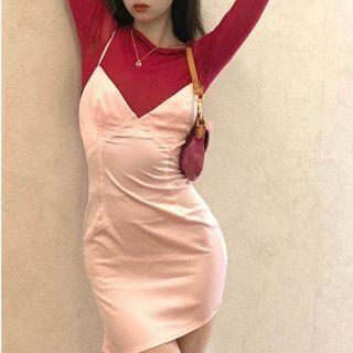 Long-sleeve Plain Top / Spaghetti Strap Mini Dress