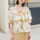 Ruffle Short-sleeve Off-shoulder Floral Print Chiffon Top