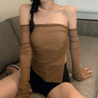 Set: Strapless Mesh Top + Arm Sleeves Brown - One Size