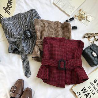 Plaid Tie Waist Strapless Top
