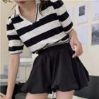Striped Puff-sleeve Polo Shirt / High-waist Wide-leg Shorts