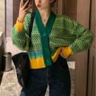 V-neck Color Block Cropped Cardigan Green - One Size