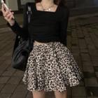 Long-sleeve Drawstring T-shirt / Leopard Print Mini A-line Skirt