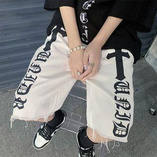 Cross Letter Print Frayed Denim Shorts