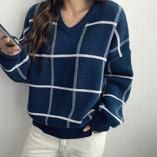 V-neck Check Wool Blend Sweater