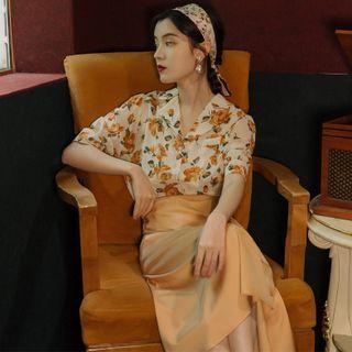 Short-sleeve Floral Print Shirt / Midi A-line Shirtdress / Midi A-line Skirt / Set