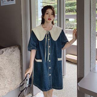 Elbow-sleeve Collar Denim Mini Dress
