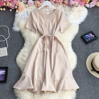 Short-sleeve Tie-waist Mermaid Dress