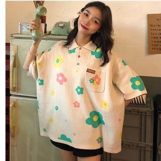Flower Print Elbow-sleeve Oversize Knit Polo Shirt