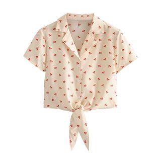 Short-sleeve Cherry-pattern Cropped Shirt