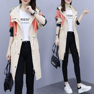 Color Block Button-up Hooded Long Coat