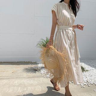 Mandarin-collar Stripe Long Shirtdress