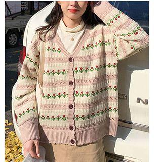 Flower Print Pointelle Cardigan