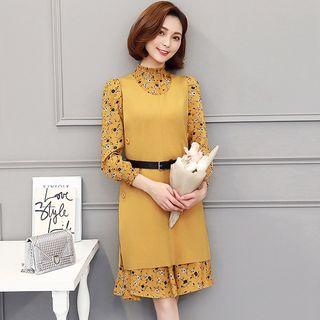 Set: Floral Midi Dress + Sleeveless Dress With Belt
