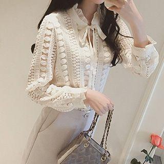 Open Knit Tie-neck Frilled Blouse