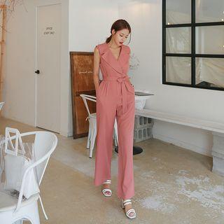 Notched-lapel Sleeveless Jumpsuit With Sash