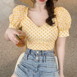 Puff-sleeve Floral Print Tie-waist Crop Top / A-line Mini Dress