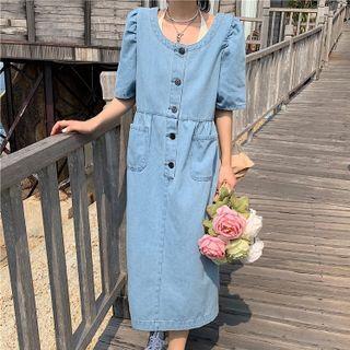 Short-sleeve Henley Denim Midi Dress