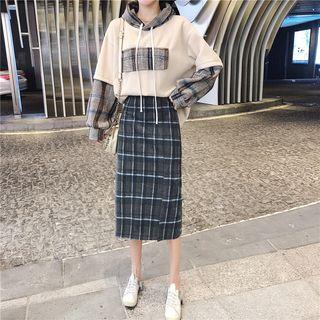 Set: Plaid Panel Hoodie + Plaid Midi Straight-fit Skirt
