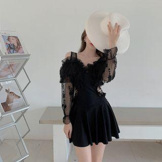 Long-sleeve Lace Panel Cutout Swimdress