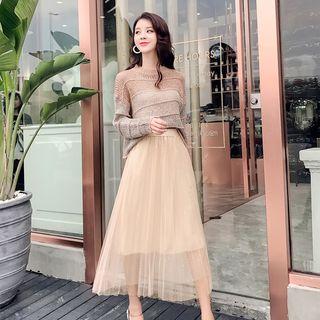 Striped Sweater / Midi A-line Mesh Skirt / Set