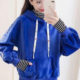Mock Two-piece Sequined Turtleneck Striped Panel Velvet Hoodie