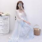 Chiffon Camisole Top / Open Front Light Jacket / Flower Embroidered Midi A-line Skirt