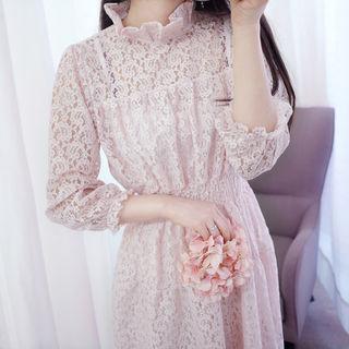 3/4-sleeve Smocked-waist Lace Dress