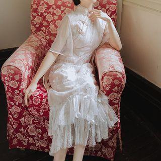 Short-sleeve Butterfly Embroidered Midi A-line Dress