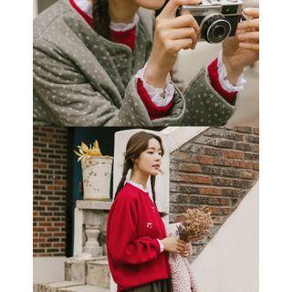 Eyelet-lace Trim Floral Embroidered Knit Top Red - One Size