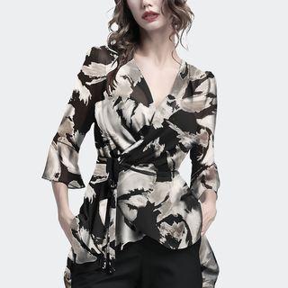 3/4-sleeve Asymmetric Chiffon Wrap Top