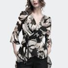 3/4-sleeve Asymmetric Chiffon Wrap Top