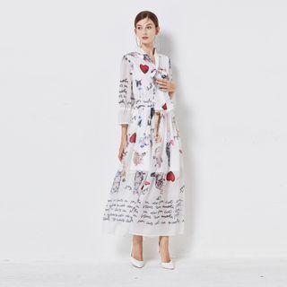 Elbow-sleeve Cat Print Midi A-line Dress