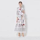 Elbow-sleeve Cat Print Midi A-line Dress