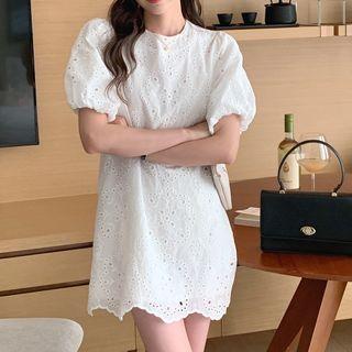 Puff-sleeve Embroidered Mini Shift Dress