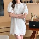 Puff-sleeve Embroidered Mini Shift Dress