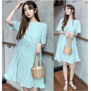 Elbow-sleeve Asymmetric Drawstring Frill Trim Dress