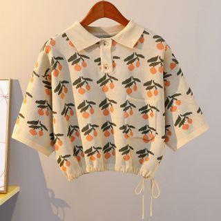 Cherry Print Polo-neck Short-sleeve Cropped Knit Top