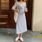 Gingham Lace Trim Short-sleeve Midi A-line Dress Blue - One Size