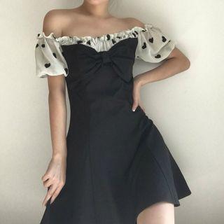 Heart Print Ruffled-sleeve Bow A-line Dress