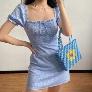 Gingham Puff-sleeve Square-neck Mini A-line Dress