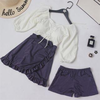 Set: Short-sleeve Two-tone Swimdress + Shorts