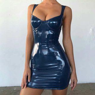 Wide Strap Patent Sheath Dress