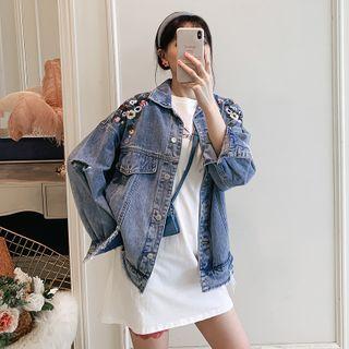 Embroidered Button Denim Jacket / Elbow-sleeve T-shirt