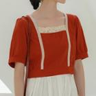 Elbow-sleeve Square-neck Lace Trim Blouse Red - One Size