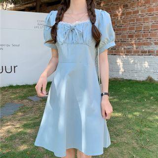 Puff-sleeve Square Neck Lace Trim Mini A-line Dress